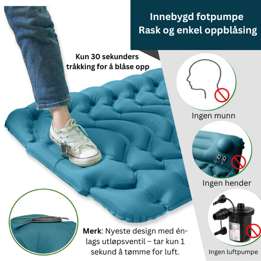 Ultralett, behagelig og kompakt liggeunderlag – med fotpumpe for enkel oppblåsing