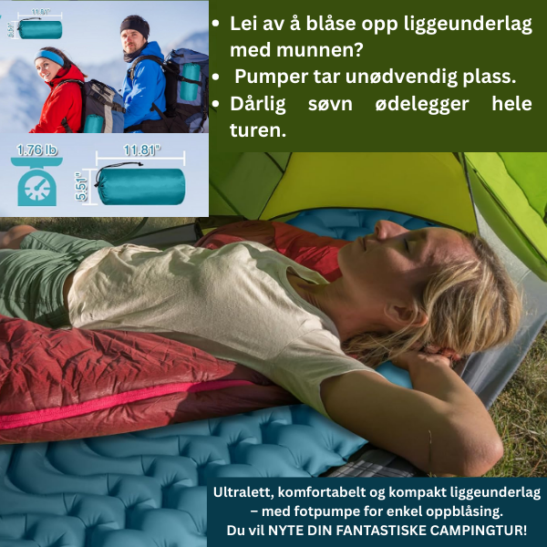 Ultralett, behagelig og kompakt liggeunderlag – med fotpumpe for enkel oppblåsing