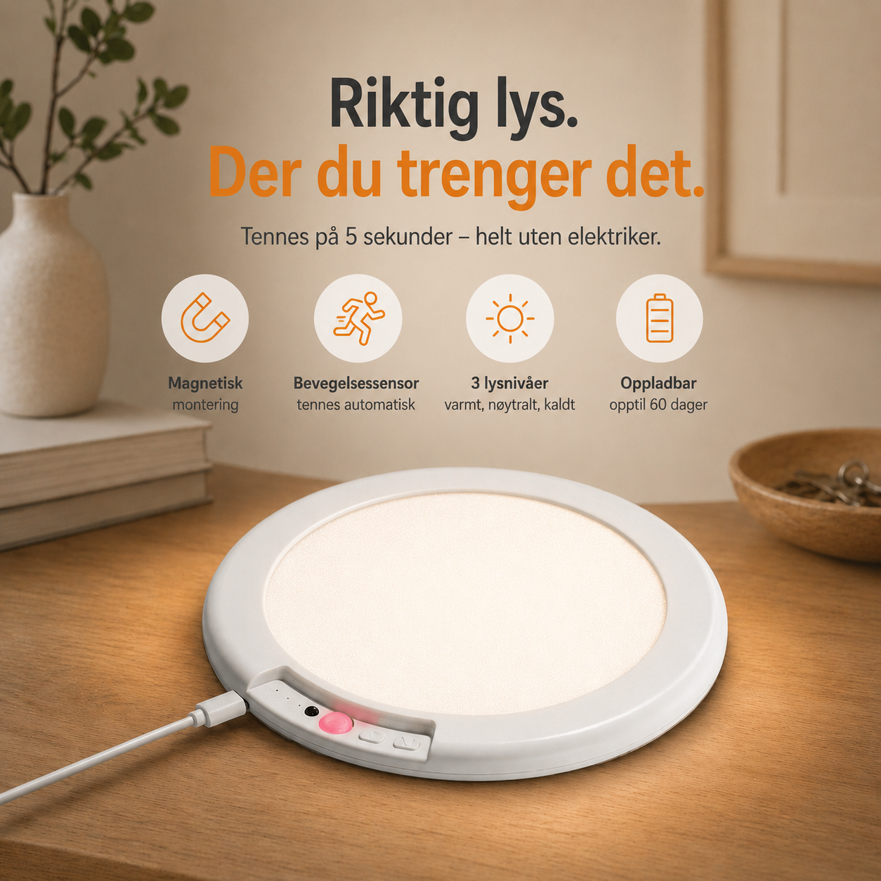 Magnetisk LED-taklampe med bevegelsessensor, fjernkontroll, fast lys og 3 lysmoduser