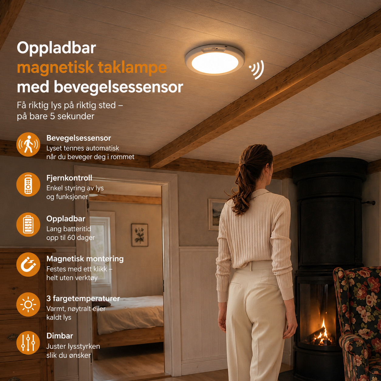 Magnetisk LED-taklampe med bevegelsessensor, fjernkontroll, fast lys og 3 lysmoduser