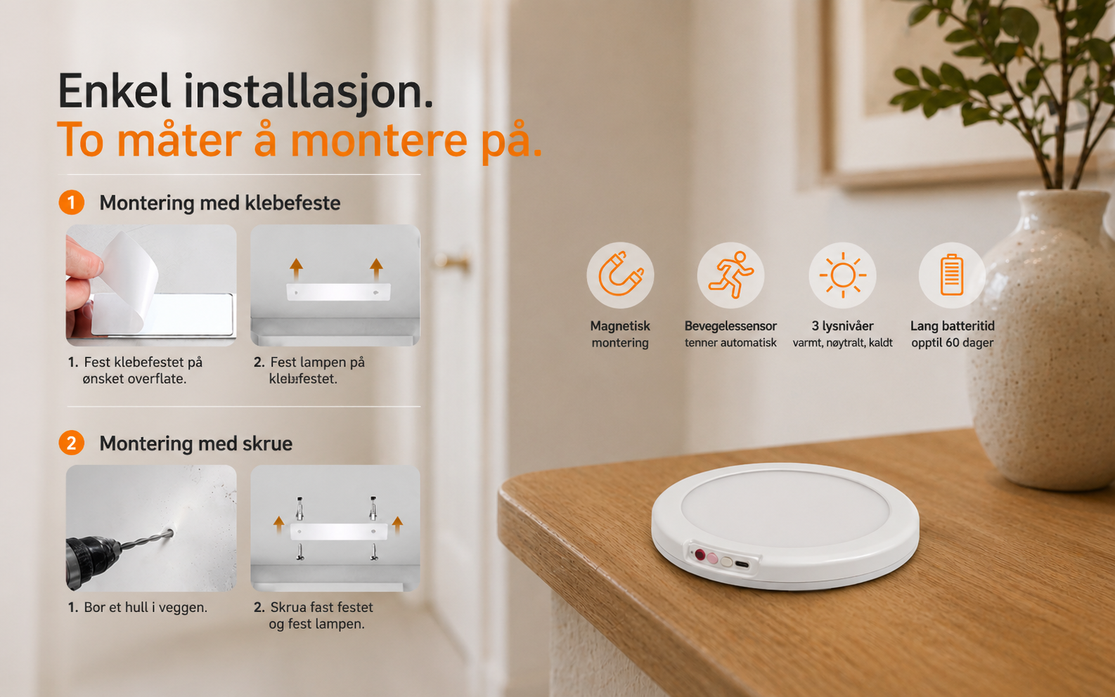 Magnetisk LED-taklampe med bevegelsessensor, fjernkontroll, fast lys og 3 lysmoduser