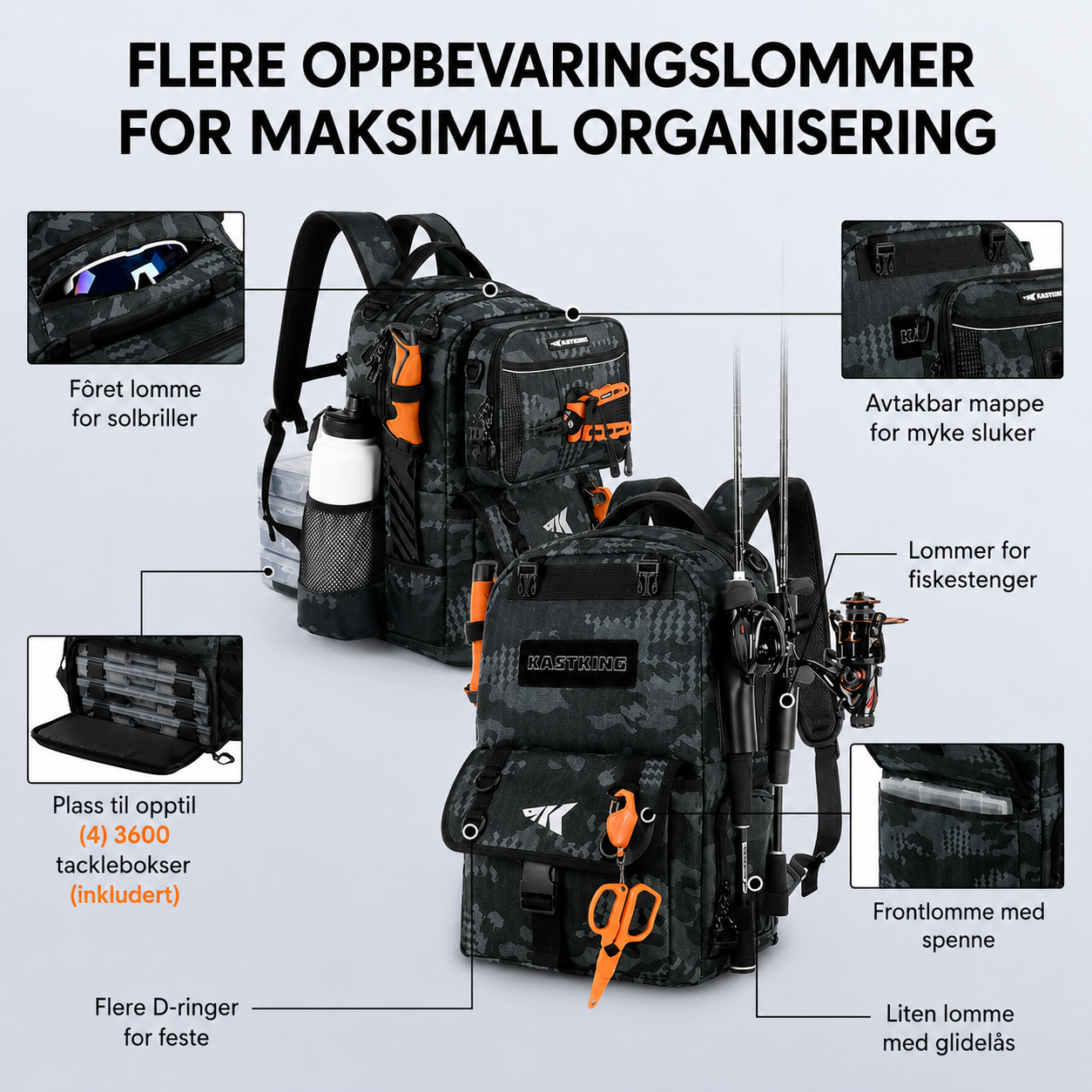 FiskePack™ 50L Den komplette fiskesekken med 50 liters kapasitet, smart oppbevaring og 4 inkluderte tacklebokser.
